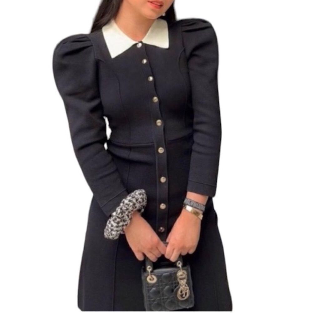 Sandro Paris Black Balloon Sleeve Mini Dress Size 36 Partial Button Down